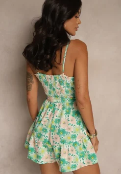 Zielony Kombinezon w Kwiatowy Print z Wiązanym Paskiem na Ramiączkach Linessa