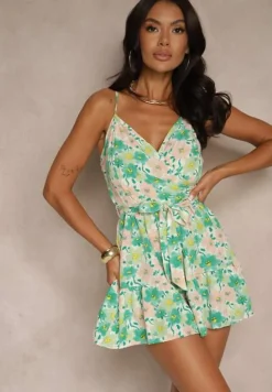 Zielony Kombinezon w Kwiatowy Print z Wiązanym Paskiem na Ramiączkach Linessa