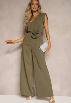 Zielony Kombinezon Wykończony Prostymi Szerokimi Nogawkami z Wiskozą i Kwiatem 3D Dimentia