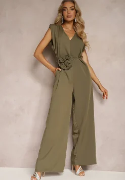 Zielony Kombinezon Wykończony Prostymi Szerokimi Nogawkami z Wiskozą i Kwiatem 3D Dimentia