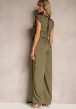 Zielony Kombinezon Wykończony Prostymi Szerokimi Nogawkami z Wiskozą i Kwiatem 3D Dimentia