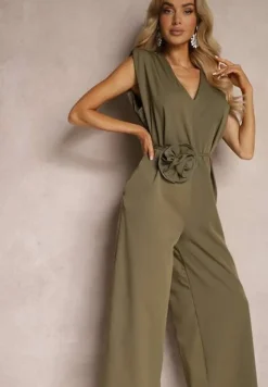 Zielony Kombinezon Wykończony Prostymi Szerokimi Nogawkami z Wiskozą i Kwiatem 3D Dimentia
