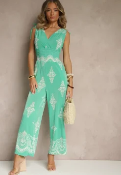 Zielony Kombinezon z Dekoltem w Kształcie Litery V Zdobiony Etnicznym Printem Izlina