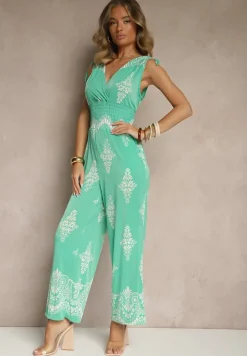 Zielony Kombinezon z Dekoltem w Kształcie Litery V Zdobiony Etnicznym Printem Izlina