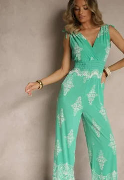 Zielony Kombinezon z Dekoltem w Kształcie Litery V Zdobiony Etnicznym Printem Izlina