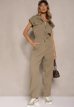 Zielony Kombinezon z Krótkim Rękawem i Kołnierzykiem Zapinany na Suwak Soveldi