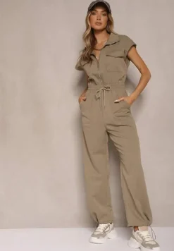 Zielony Kombinezon z Krótkim Rękawem i Kołnierzykiem Zapinany na Suwak Soveldi