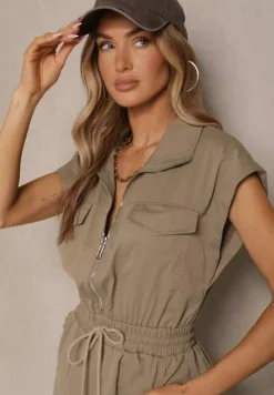 Zielony Kombinezon z Krótkim Rękawem i Kołnierzykiem Zapinany na Suwak Soveldi