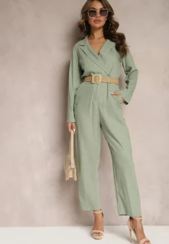Zielony Kombinezon z Paskiem z Plecionki Kopertową Górą i Zwężającymi się Nogawkami Avnja