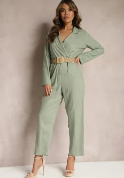 Zielony Kombinezon z Paskiem z Plecionki Kopertową Górą i Zwężającymi się Nogawkami Avnja