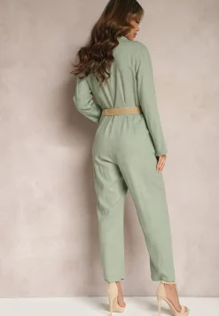 Zielony Kombinezon z Paskiem z Plecionki Kopertową Górą i Zwężającymi się Nogawkami Avnja