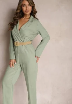 Zielony Kombinezon z Paskiem z Plecionki Kopertową Górą i Zwężającymi się Nogawkami Avnja