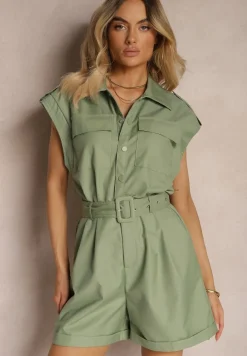 Zielony Kombinezon Zapinany na Guziki z Krótkim Rękawem i Materiałowym Paskiem Tiamante