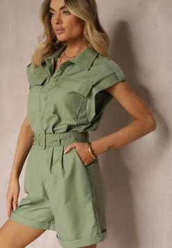 Zielony Kombinezon Zapinany na Guziki z Krótkim Rękawem i Materiałowym Paskiem Tiamante