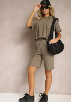 Zielony Komplet Dresowy Bluza z Kapturem i Krótkimi Rękawami oraz Szorty Choana