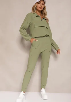Zielony Komplet Dresowy Bluza z Suwakiem i Kołnierzem i Spodnie z Kieszeniami Cargo Taigena