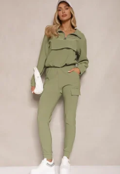 Zielony Komplet Dresowy Bluza z Suwakiem i Kołnierzem i Spodnie z Kieszeniami Cargo Taigena