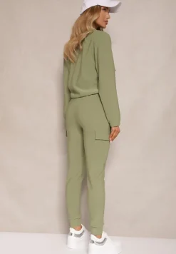Zielony Komplet Dresowy Bluza z Suwakiem i Kołnierzem i Spodnie z Kieszeniami Cargo Taigena