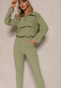 Zielony Komplet Dresowy Bluza z Suwakiem i Kołnierzem i Spodnie z Kieszeniami Cargo Taigena