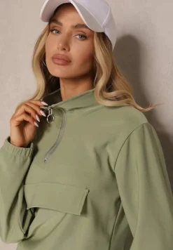 Zielony Komplet Dresowy Bluza z Suwakiem i Kołnierzem i Spodnie z Kieszeniami Cargo Taigena