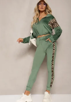 Zielony Komplet Dresowy z Weluru z Krótką Bluzą i Spodniami Joggerami z Panterkowym Wzorem Limitta