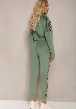 Zielony Komplet Dresowy z Weluru z Krótką Bluzą i Spodniami Joggerami z Panterkowym Wzorem Limitta
