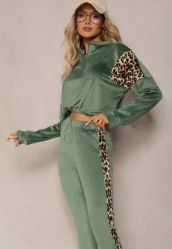 Zielony Komplet Dresowy z Weluru z Krótką Bluzą i Spodniami Joggerami z Panterkowym Wzorem Limitta