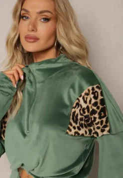 Zielony Komplet Dresowy z Weluru z Krótką Bluzą i Spodniami Joggerami z Panterkowym Wzorem Limitta