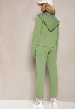 Zielony Komplet Dresowy z Domieszką Bawełny Pikowana Bluza z Kapturem i Joggery Evathira