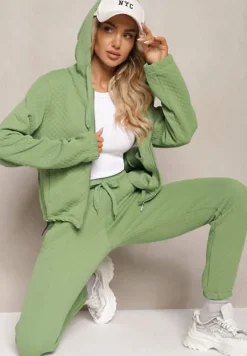 Zielony Komplet Dresowy z Domieszką Bawełny Pikowana Bluza z Kapturem i Joggery Evathira