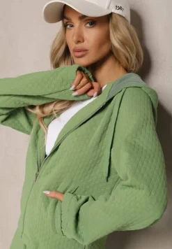 Zielony Komplet Dresowy z Domieszką Bawełny Pikowana Bluza z Kapturem i Joggery Evathira