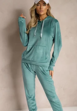 Zielony Komplet Dresowy z Dodatkiem Bawełny Spodnie z Gumką w Pasie Bluza z Kapturem Reseria