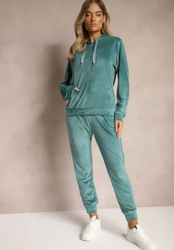 Zielony Komplet Dresowy z Dodatkiem Bawełny Spodnie z Gumką w Pasie Bluza z Kapturem Reseria