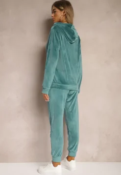Zielony Komplet Dresowy z Dodatkiem Bawełny Spodnie z Gumką w Pasie Bluza z Kapturem Reseria
