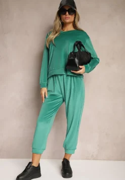 Zielony Komplet Dresowy z Weluru Luźna Bluza z Dekoltem w V i Elastyczne Spodnie z Kieszeniami Esparkia