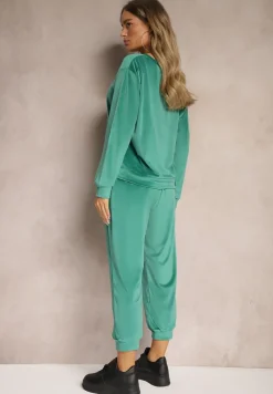 Zielony Komplet Dresowy z Weluru Luźna Bluza z Dekoltem w V i Elastyczne Spodnie z Kieszeniami Esparkia