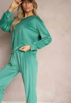 Zielony Komplet Dresowy z Weluru Luźna Bluza z Dekoltem w V i Elastyczne Spodnie z Kieszeniami Esparkia