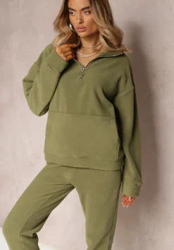 Zielony Komplet Dresowy z Polaru Bluza z Krótkim Suwakiem i Spodnie Joggery Hypamena