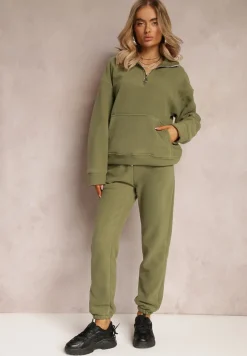 Zielony Komplet Dresowy z Polaru Bluza z Krótkim Suwakiem i Spodnie Joggery Hypamena