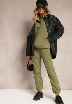 Zielony Komplet Dresowy z Polaru Bluza z Krótkim Suwakiem i Spodnie Joggery Hypamena