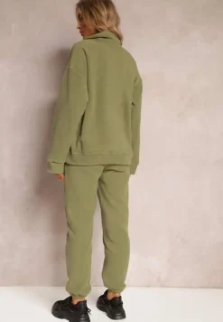 Zielony Komplet Dresowy z Polaru Bluza z Krótkim Suwakiem i Spodnie Joggery Hypamena