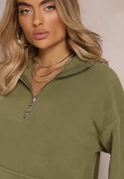 Zielony Komplet Dresowy z Polaru Bluza z Krótkim Suwakiem i Spodnie Joggery Hypamena