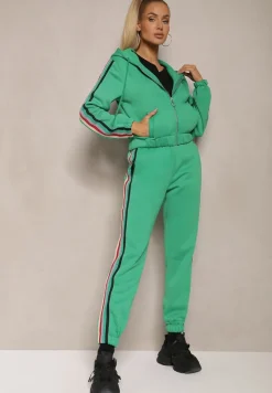 Zielony Komplet Dresowy z Kolorowym Lampasem Bluza z Kapturem i Spodnie Joggery Nevarielles