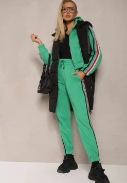 Zielony Komplet Dresowy z Kolorowym Lampasem Bluza z Kapturem i Spodnie Joggery Nevarielles