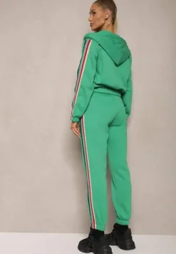 Zielony Komplet Dresowy z Kolorowym Lampasem Bluza z Kapturem i Spodnie Joggery Nevarielles