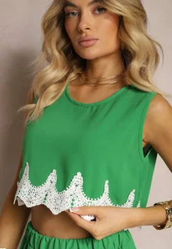 Zielony Komplet Ozdobiony Koronką Top na Ramiączkach Szorty Luźne High Waist Filoa