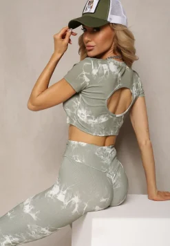 Zielony Komplet Sportowy z Printem Tie-Dye z Koszulą Cropped i Legginsami Davenia