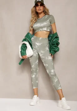 Zielony Komplet Sportowy z Printem Tie-Dye z Koszulą Cropped i Legginsami Davenia