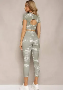 Zielony Komplet Sportowy z Printem Tie-Dye z Koszulą Cropped i Legginsami Davenia