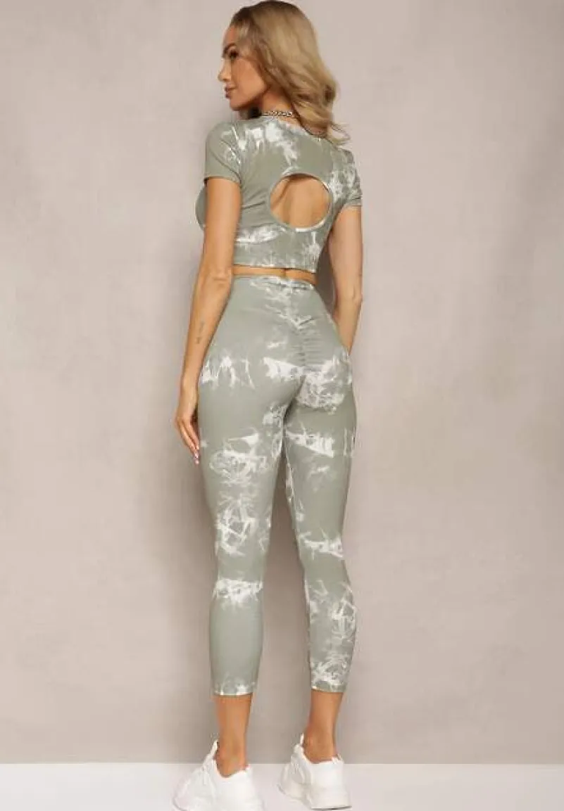 Zielony Komplet Sportowy z Printem Tie-Dye z Koszulą Cropped i Legginsami Davenia